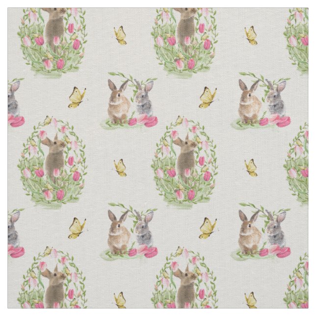 Watercolor Easter Bunny Floral Easter Egg Fabric (Swatch)