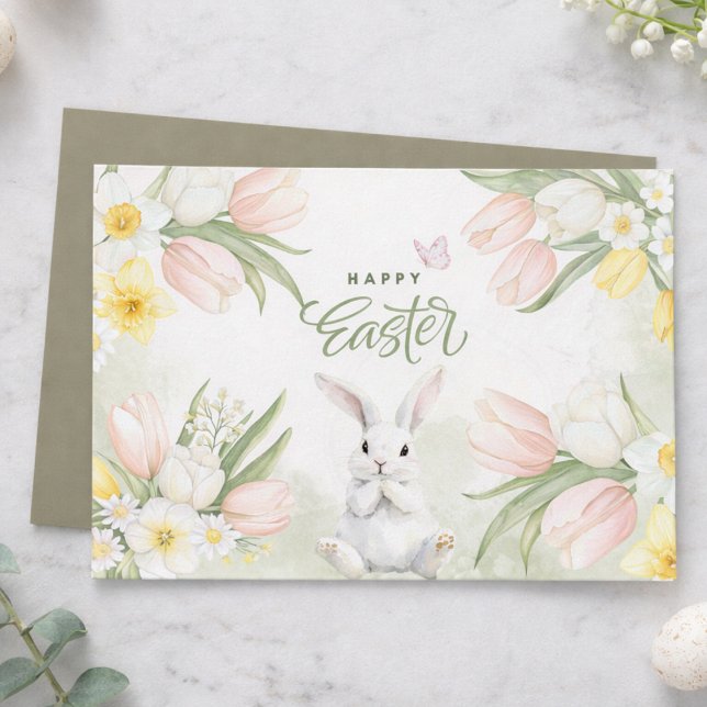 Watercolor Easter Bunny Floral Greeting Card (Creator Uploaded)