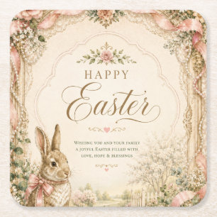 Watercolor Easter Bunny Greeting Card, Pastel Square Paper Coaster