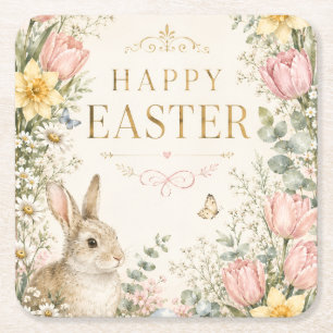 Watercolor Easter Bunny Greeting Card, Pastel Square Paper Coaster