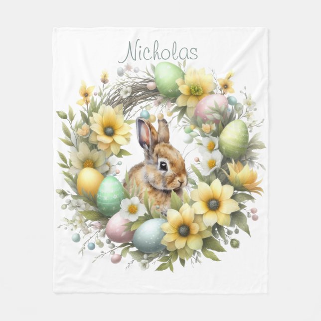 Watercolor Easter Bunny Personalized Fleece Blanket (Front)