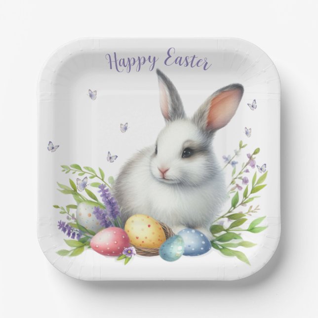 Watercolor Easter Bunny Personalized Paper Plate (Front)
