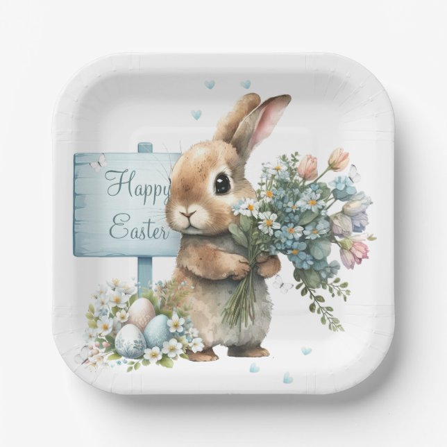 Watercolor Easter Bunny Personalized Paper Plate (Front)