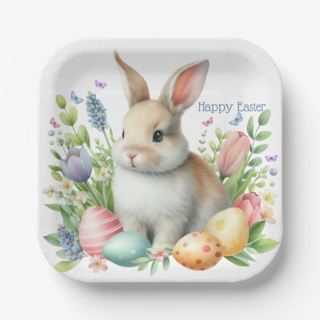 Watercolor Easter Bunny Personalized Paper Plate (Front)