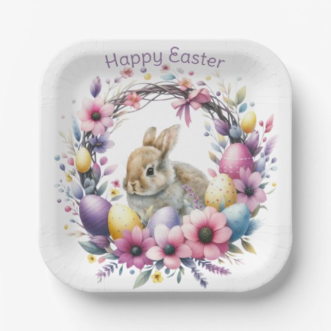 Watercolor Easter Bunny Personalized Paper Plate (Front)