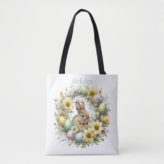 Watercolor Easter Bunny Personalized Tote Bag (Front)