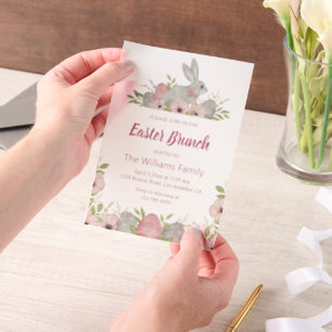 watercolor easter bunny pink floral brunch vellum invitations
