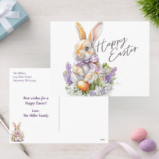 Watercolor Easter Bunny Purple Lilac Happy Easter Holiday Postcard