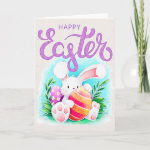 Watercolor Easter Bunny with Egg - Happy Easter Holiday Card