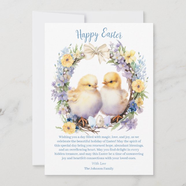 Watercolor Easter Chick Personalized Holiday Card (Front)