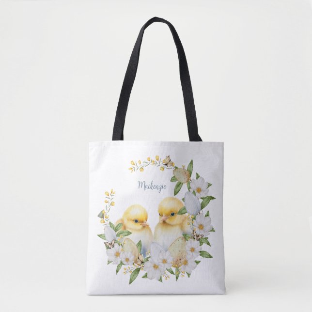 Watercolor Easter Chick Personalized Tote Bag (Front)