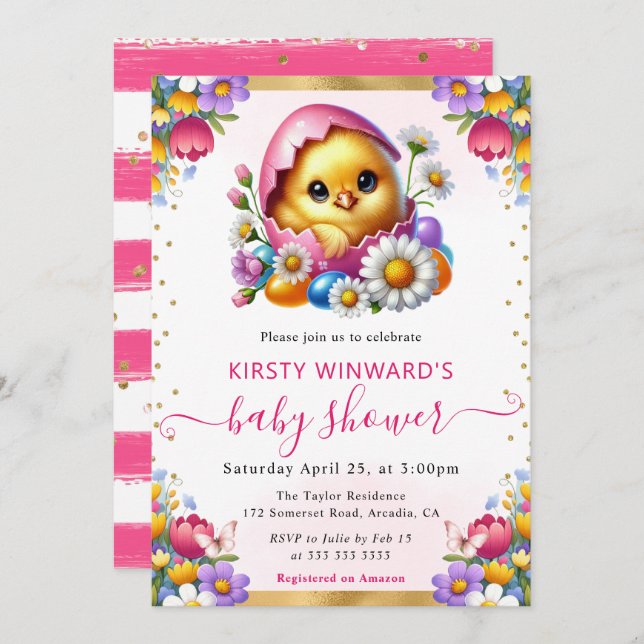 Watercolor Easter Chick Spring Flowers Baby Shower Invitation (Front/Back)