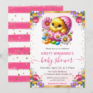 Watercolor Easter Chick Spring Flowers Baby Shower Invitation