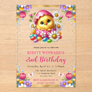 Watercolor Easter Chick Spring Flowers Birthday Acrylic Invitations