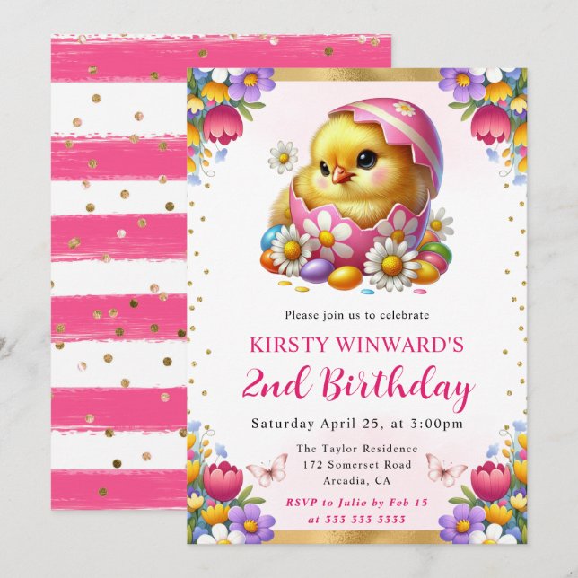 Watercolor Easter Chick Spring Flowers Birthday Invitation (Front/Back)