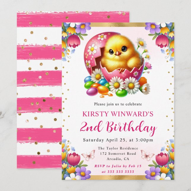 Watercolor Easter Chick Spring Flowers Birthday Invitation (Front/Back)
