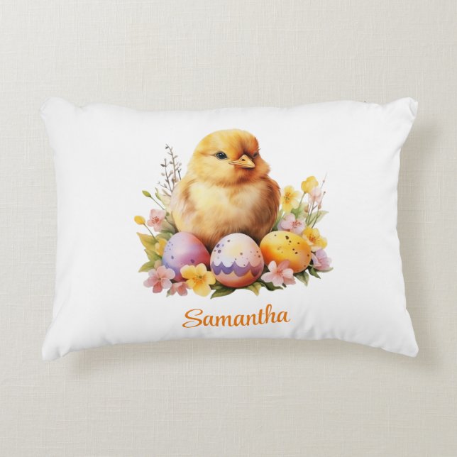 Watercolor Easter chick with flowers and eggs Accent Pillow (Front)