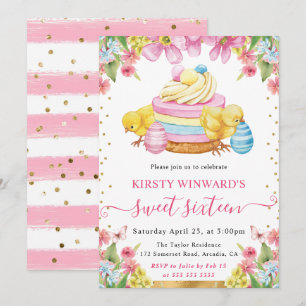 Watercolor Easter Chicks and Cake Spring Sweet 16 Invitation