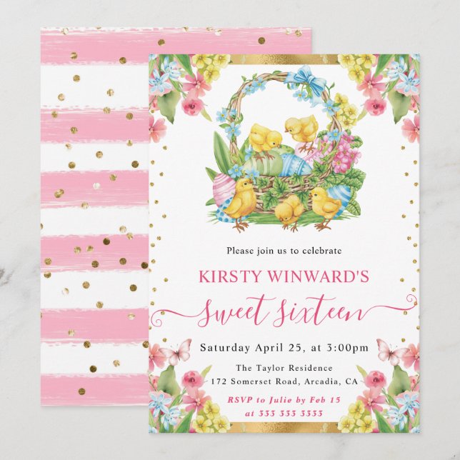 Watercolor Easter Chicks and Eggs Spring Sweet 16 Invitation (Front/Back)