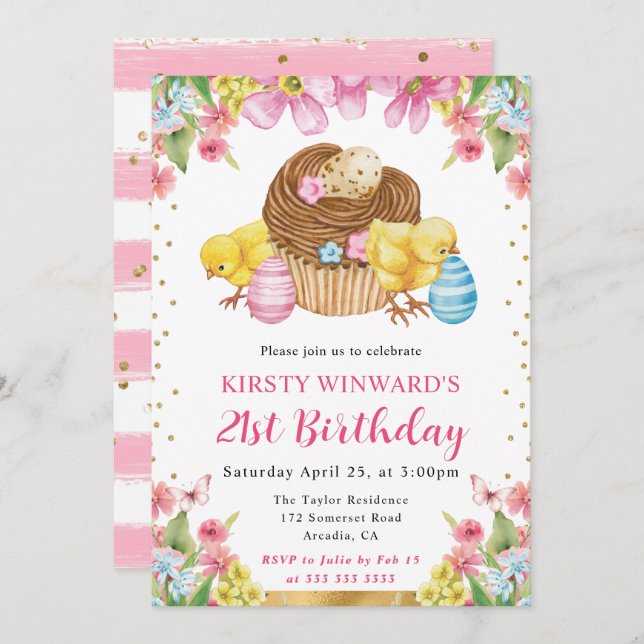 Watercolor Easter Chicks Spring 21st Birthday Invitation (Front/Back)