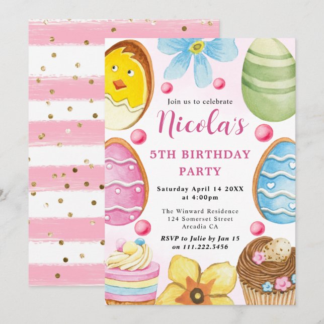 Watercolor Easter Cookie 5th Birthday Invitation (Front/Back)