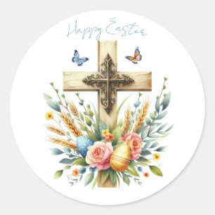 Watercolor Easter Cross Personalized Classic Round Sticker