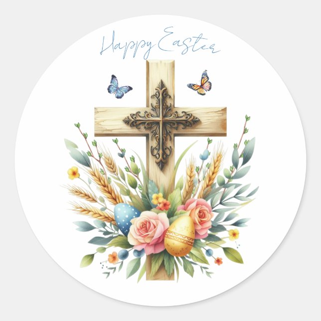 Watercolor Easter Cross Personalized Classic Round Sticker (Front)