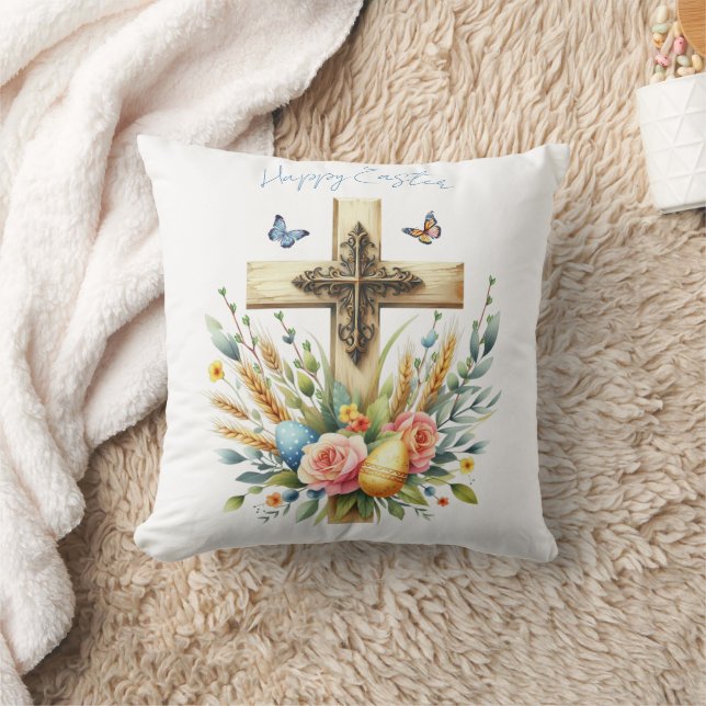 Watercolor Easter Cross Personalized Throw Pillow (Blanket)