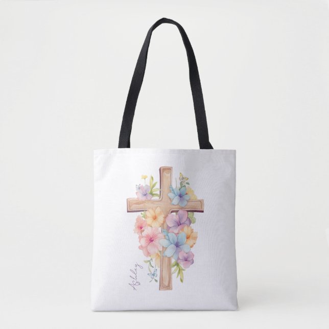 Watercolor Easter Cross Personalized Tote Bag (Front)