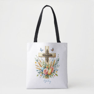 Watercolor Easter Cross Personalized Tote Bag