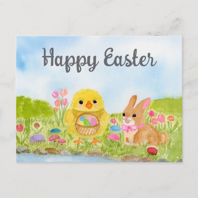  Watercolor Easter Egg Chick Easter Bunny  Postcard (Front)
