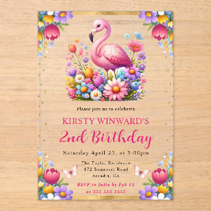 Watercolor Easter Flamingo Spring Flowers Birthday Acrylic Invitations