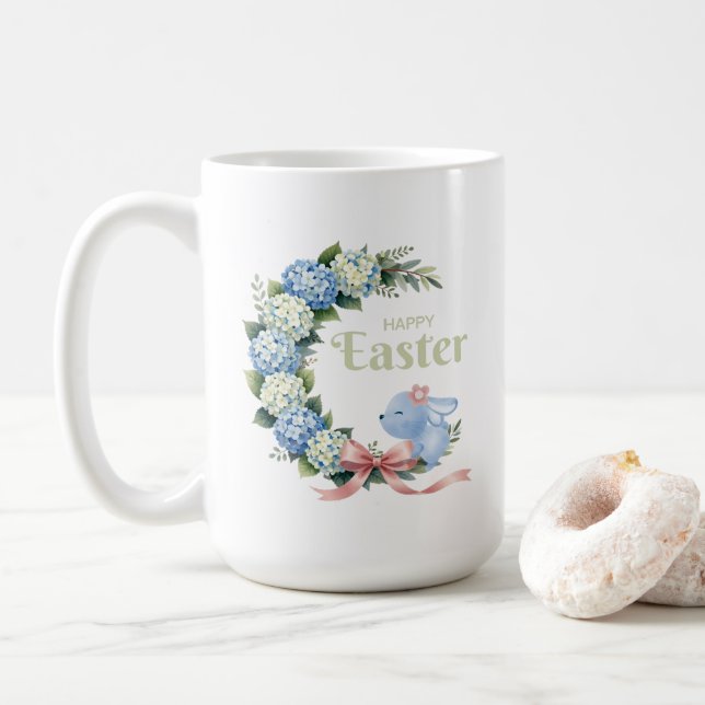 Watercolor Easter Hydrangea Wreath Cute Bunny Coffee Mug (With Donut)