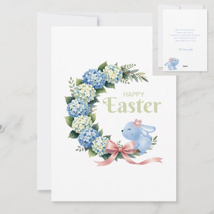 Watercolor Easter Hydrangea Wreath Cute Bunny Holiday Card