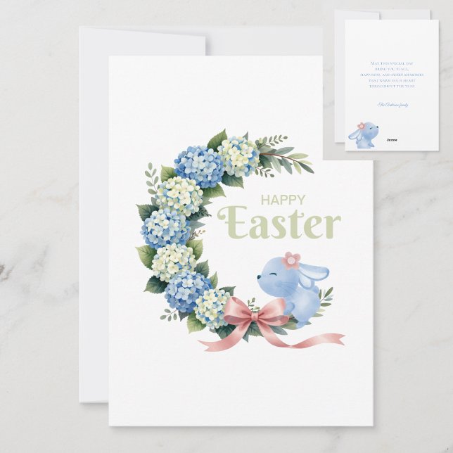 Watercolor Easter Hydrangea Wreath Cute Bunny Holiday Card (Creator Uploaded)