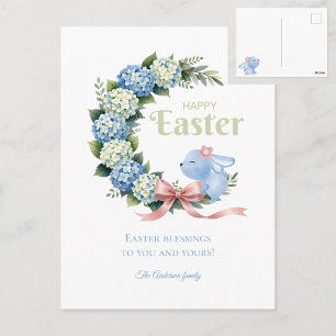 Watercolor Easter Hydrangea Wreath Cute Bunny Postcard