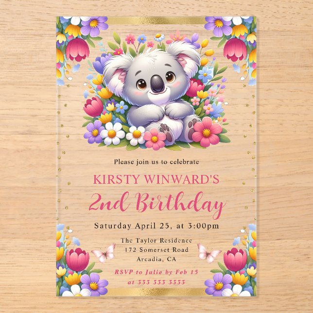 Watercolor Easter Koala & Spring Flowers Birthday Acrylic Invitations (Front)