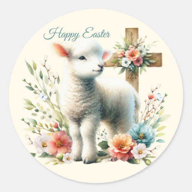 Watercolor Easter Lamb Personalized Classic Round Sticker (Front)