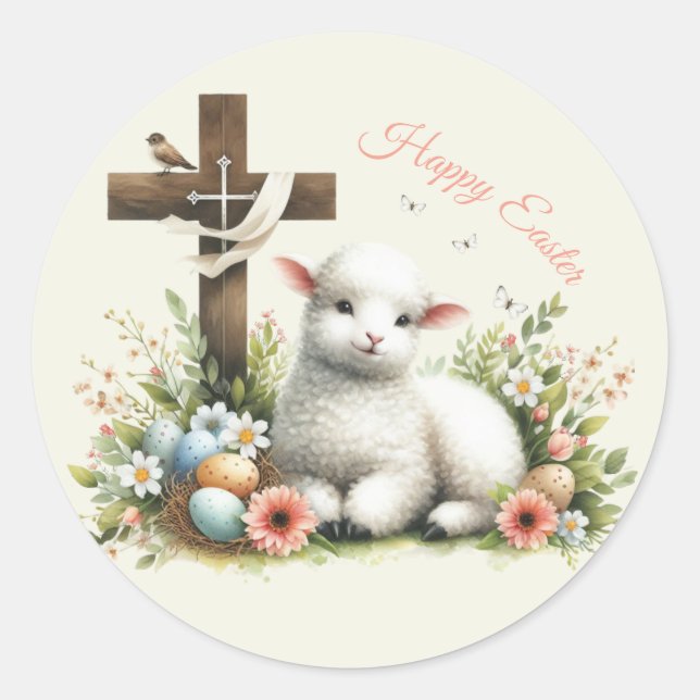 Watercolor Easter Lamb Personalized Classic Round Sticker (Front)