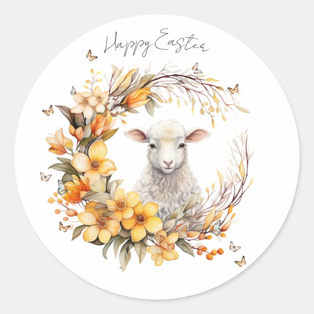 Watercolor Easter Lamb Personalized Classic Round Sticker (Front)