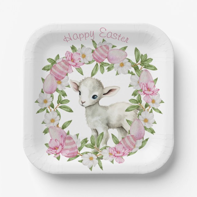 Watercolor Easter Lamb Personalized Paper Plate (Front)