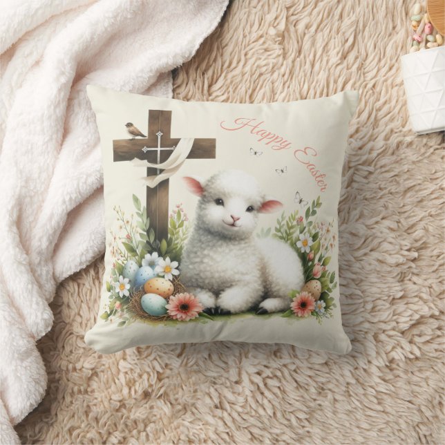 Watercolor Easter Lamb Personalized Throw Pillow (Blanket)