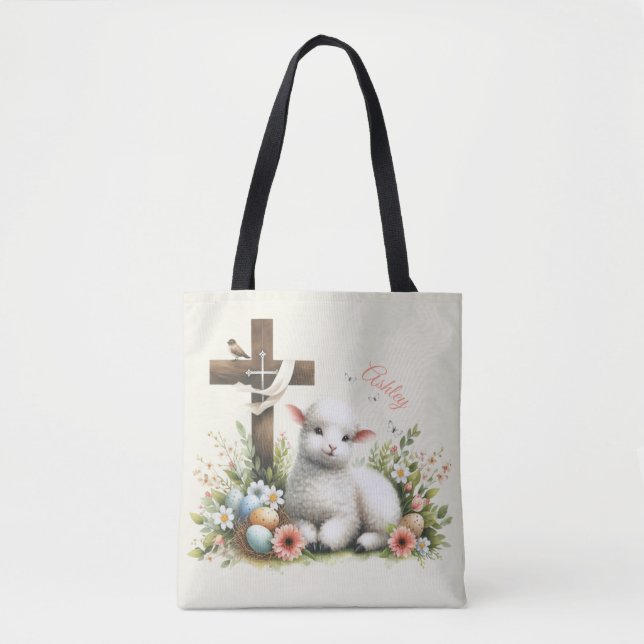 Watercolor Easter Lamb Personalized Tote Bag (Front)