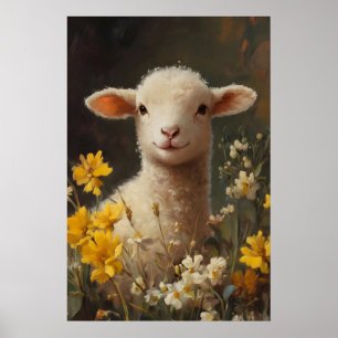 Watercolor Easter Lamb Print, Yellow Wildflowers Poster