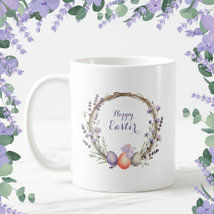 Watercolor Easter Lavender Wreath Eggs Cute Bunny Coffee Mug