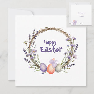 Watercolor Easter Lavender Wreath Eggs Cute Bunny Holiday Card
