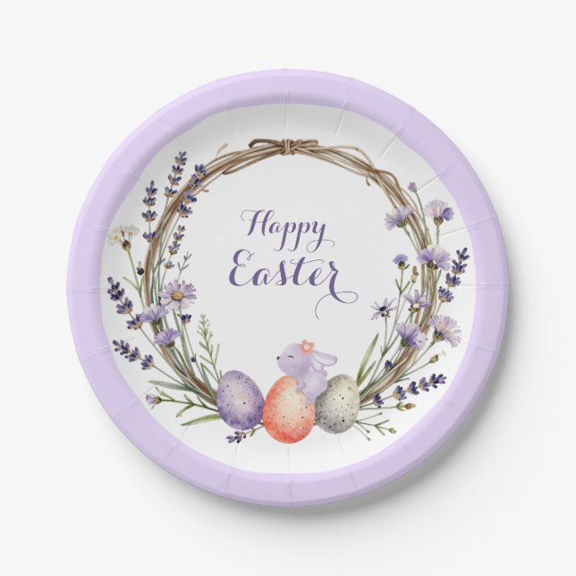 Watercolor Easter Lavender Wreath Eggs Cute Bunny Paper Plate (Front)