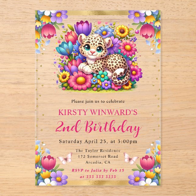 Watercolor Easter Leopard Spring Flowers Birthday Acrylic Invitations (Front)