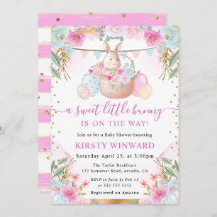 Watercolor Easter Rabbit and Flowers Baby Shower Invitation