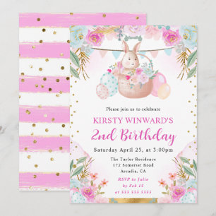 Watercolor Easter Rabbit and Flowers Birthday Invitation